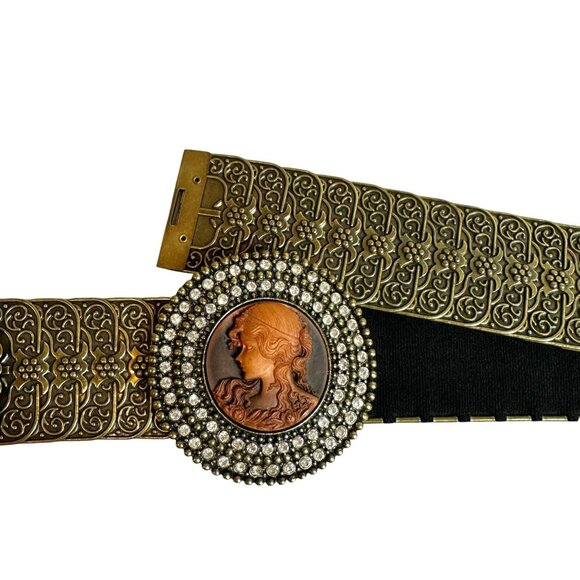 Steampunk Victorian Cameo Ornate Stretch Brass Metal Belt M/L - Picture 2 of 4